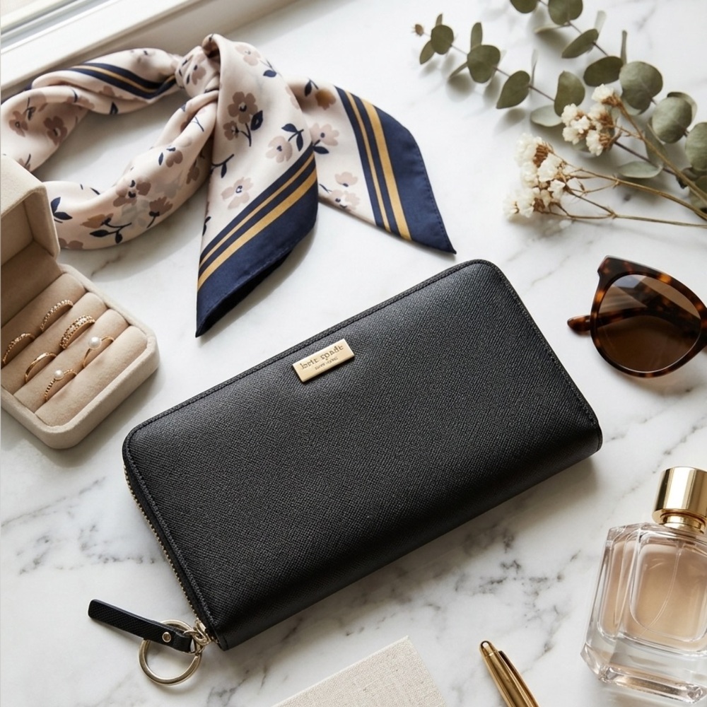Kate Spade Black Saffiano Leather Zip-Around Accordion Wallet